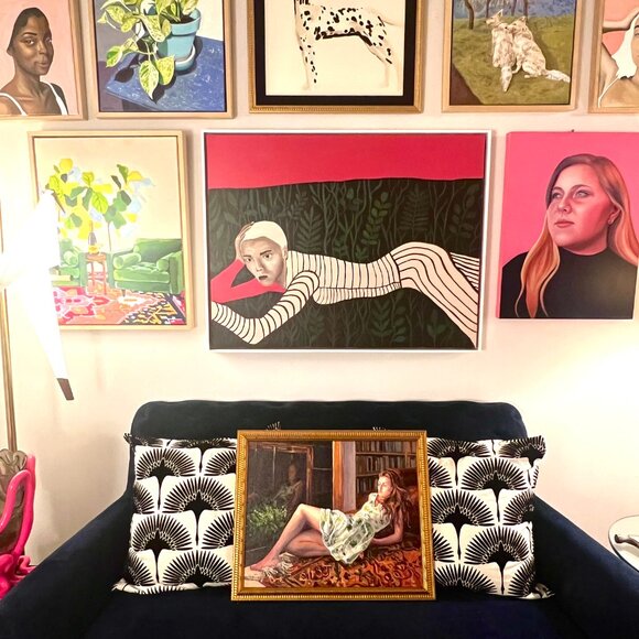 Rachel Van Wylen Original Oil Painting - Woman Lounging In a Dress - Gold Framed - Picture 6 of 6